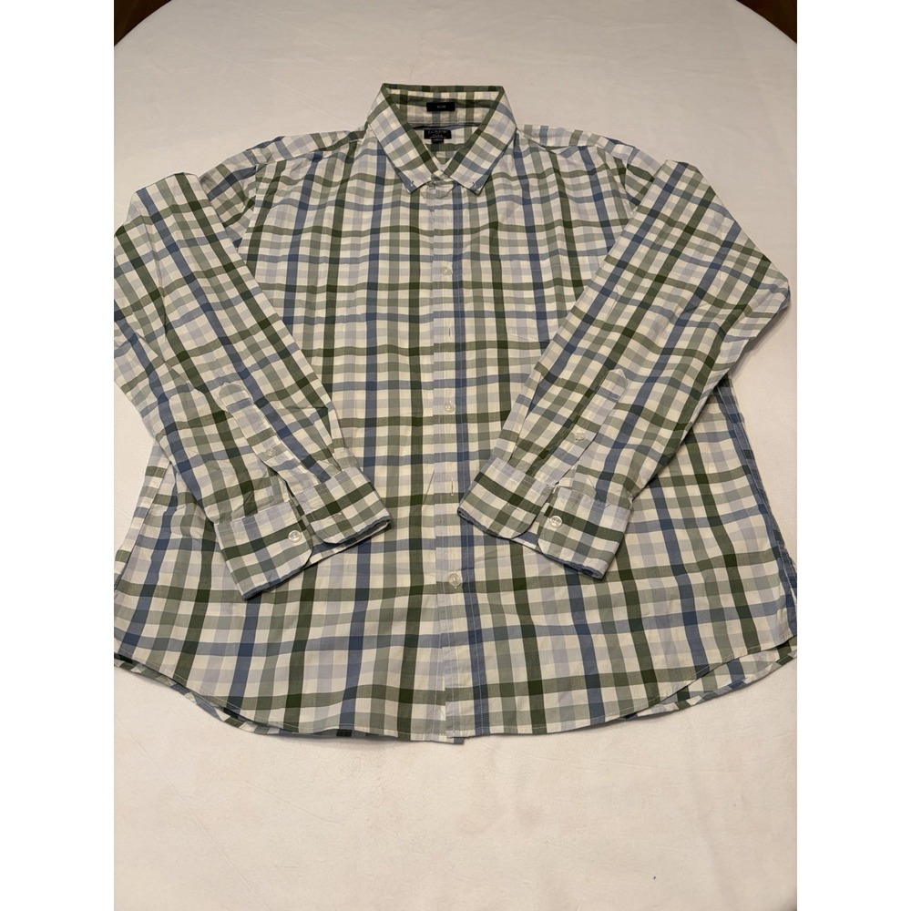 J.CREW Flex Washed Slim Men's XL Blue Green Plaid Button-Up Shirt Long Sleeve